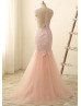 Blush Pink Lace Tulle Sheer Back Mermaid Long Prom Dress 
